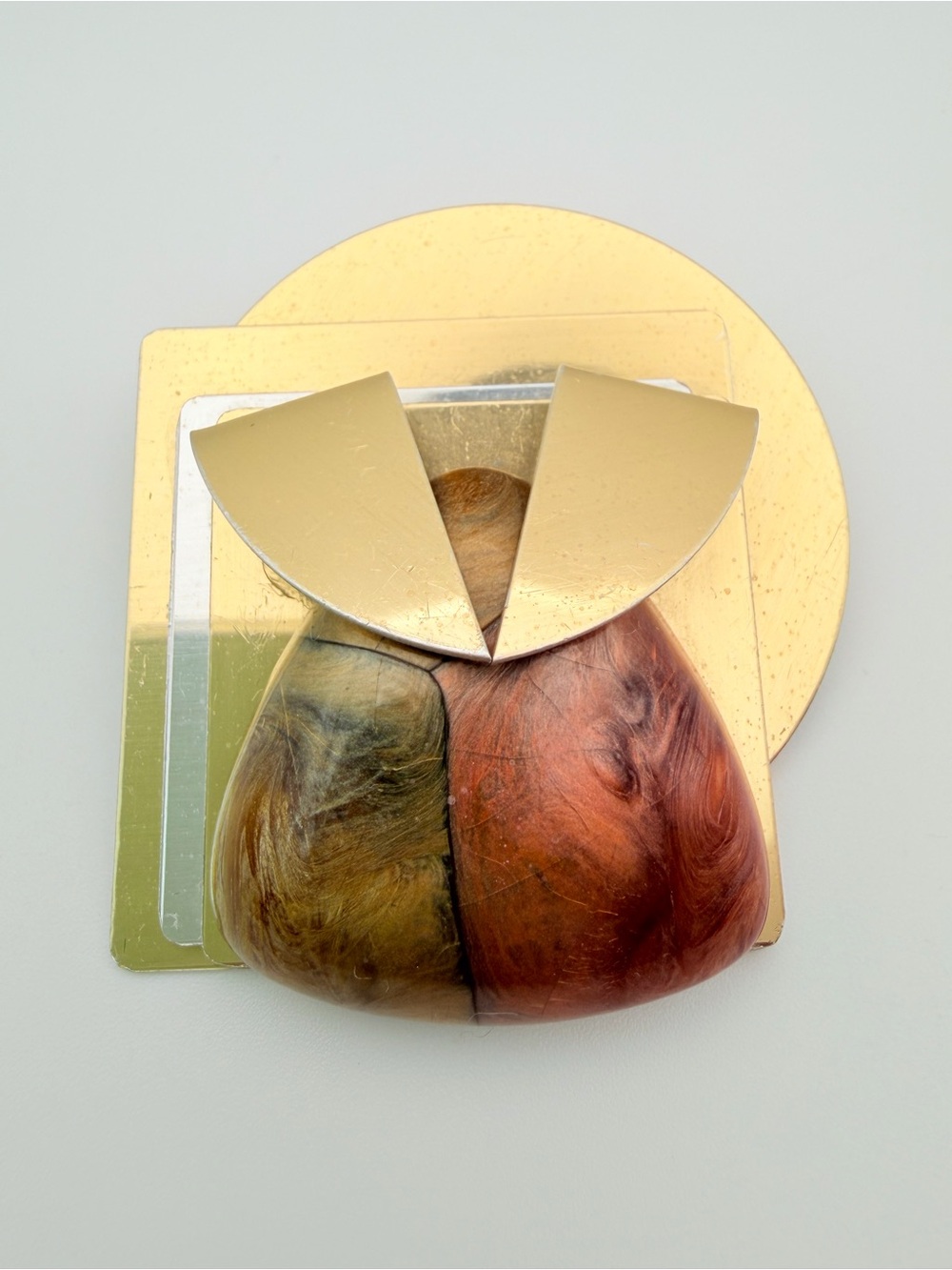 Vintage Abstract Geometric Resin & Gold Tone Statement Brooch